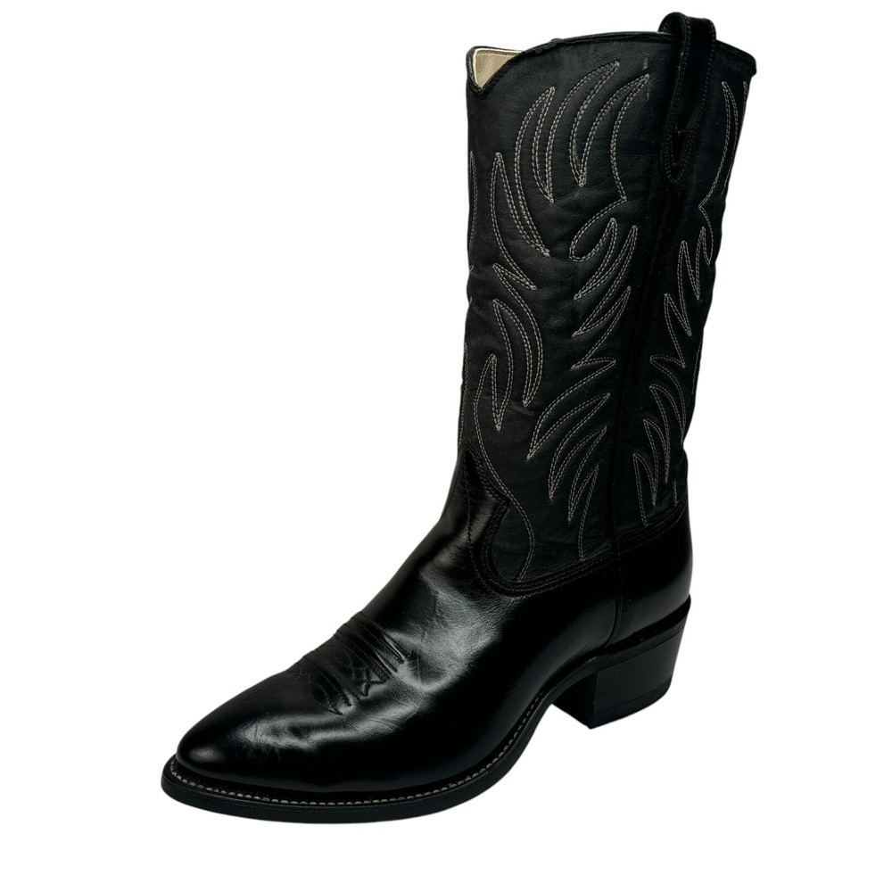 Black Leather 12” Cowboy Boots Texas Brand Boot Co. Size 11 D Beige Stitching