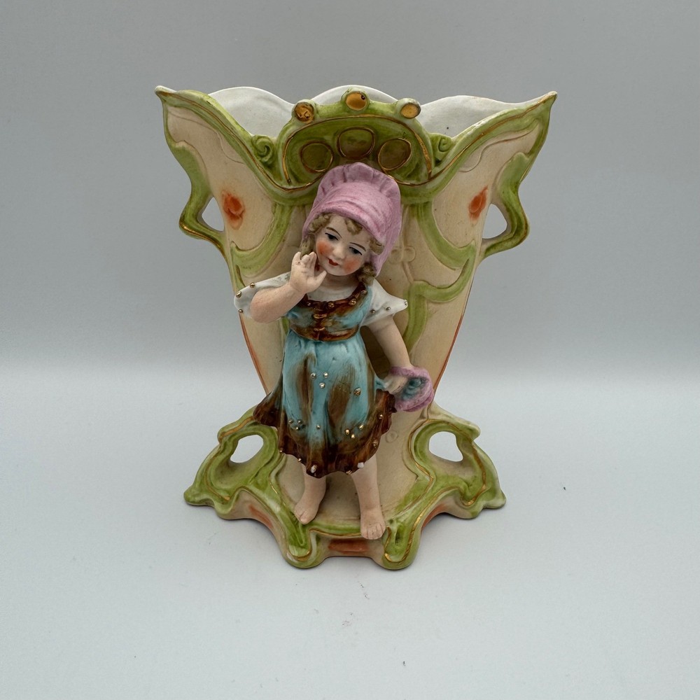 Vintage Art Nouveau Porcelain Figurine Vase Girl Pink Bonnet Wall Pocket