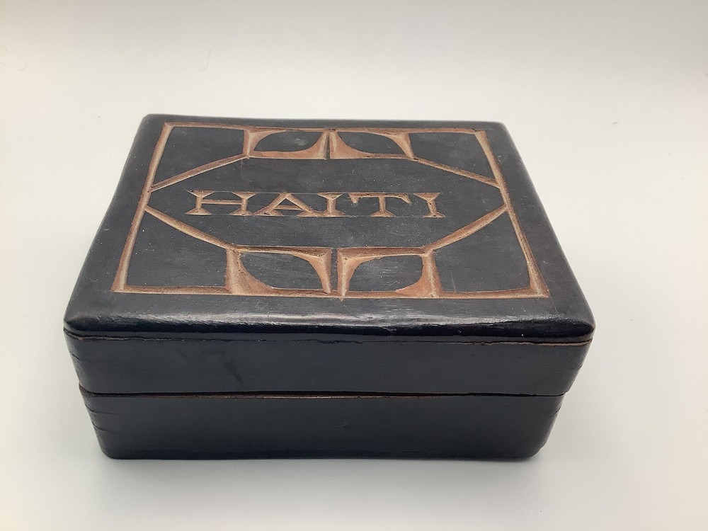 Vintage Black Wooden Box HAITI - Hand Carved
