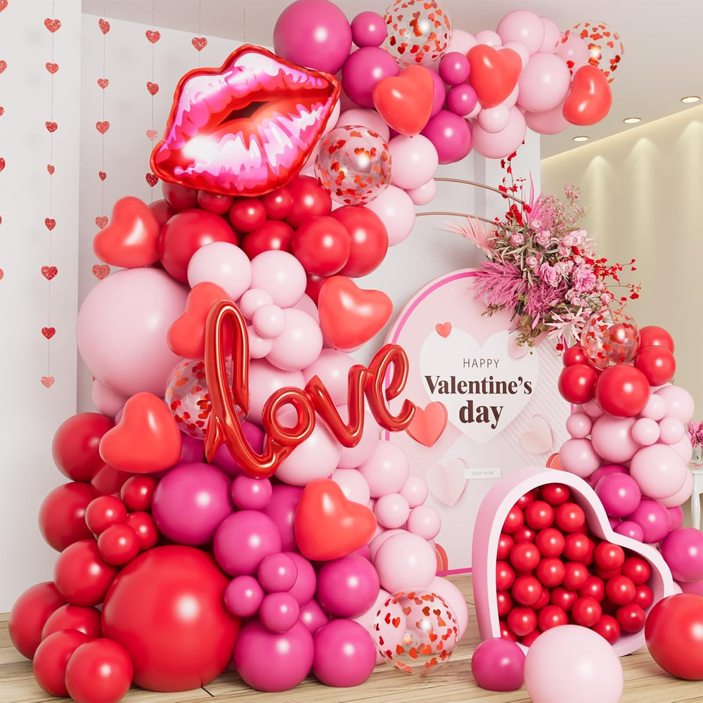 138Pcs Valentine's Day Balloon Garland Kit - Red, Pink & Retro Pin Balloons for Romantic Decor