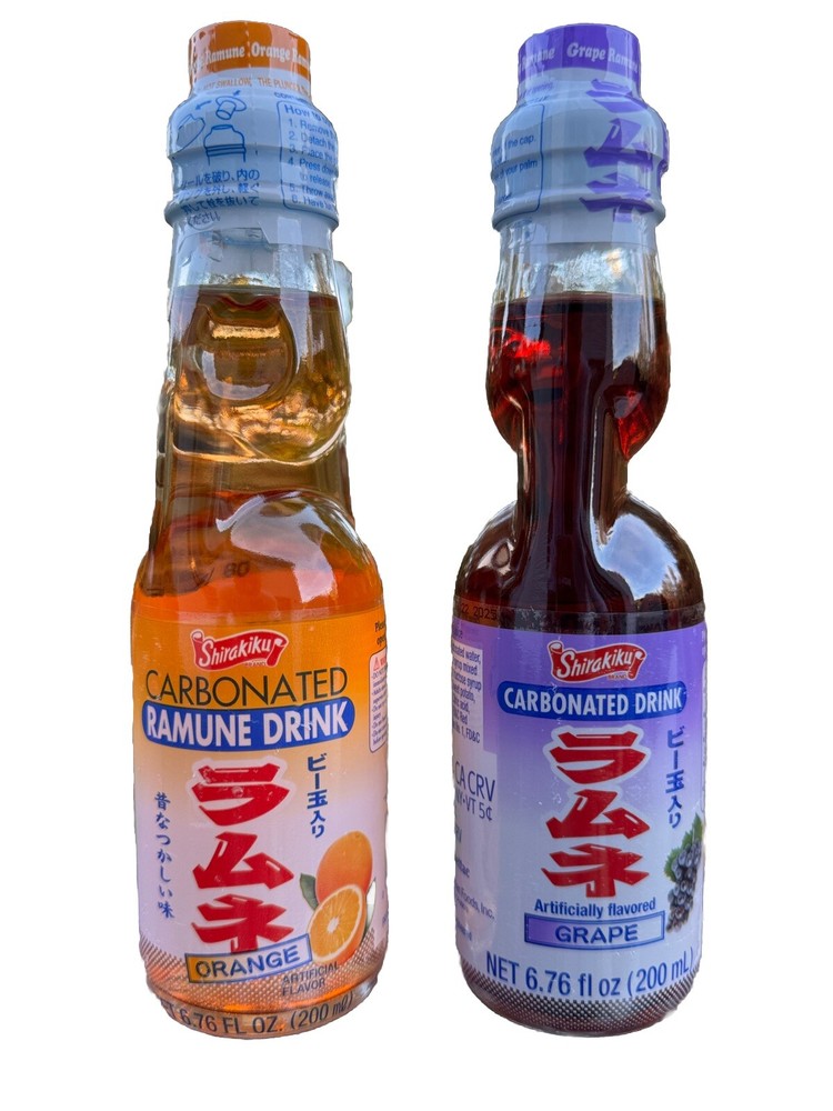 Japanese Soda Ramune 2 Pack - Shirakiku Multiple Flavors - Grape & Orange