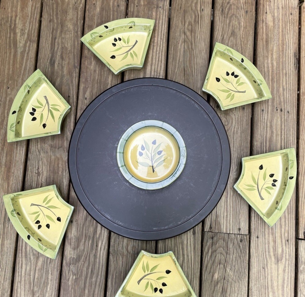 Lazy Susan Wood Turntable & 7 Ceramic Compartments by Deb Segura SIGNATURE 20.5”