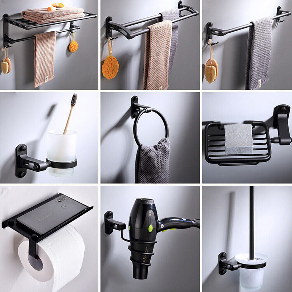 9PCS Black Aluminum Wall Mounted Bathroom Towel Bar Set