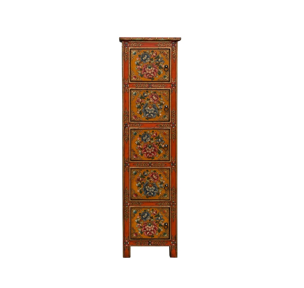 Tibetan Orange Flower Design 5-Tier Narrow Storage Cabinet WS4624