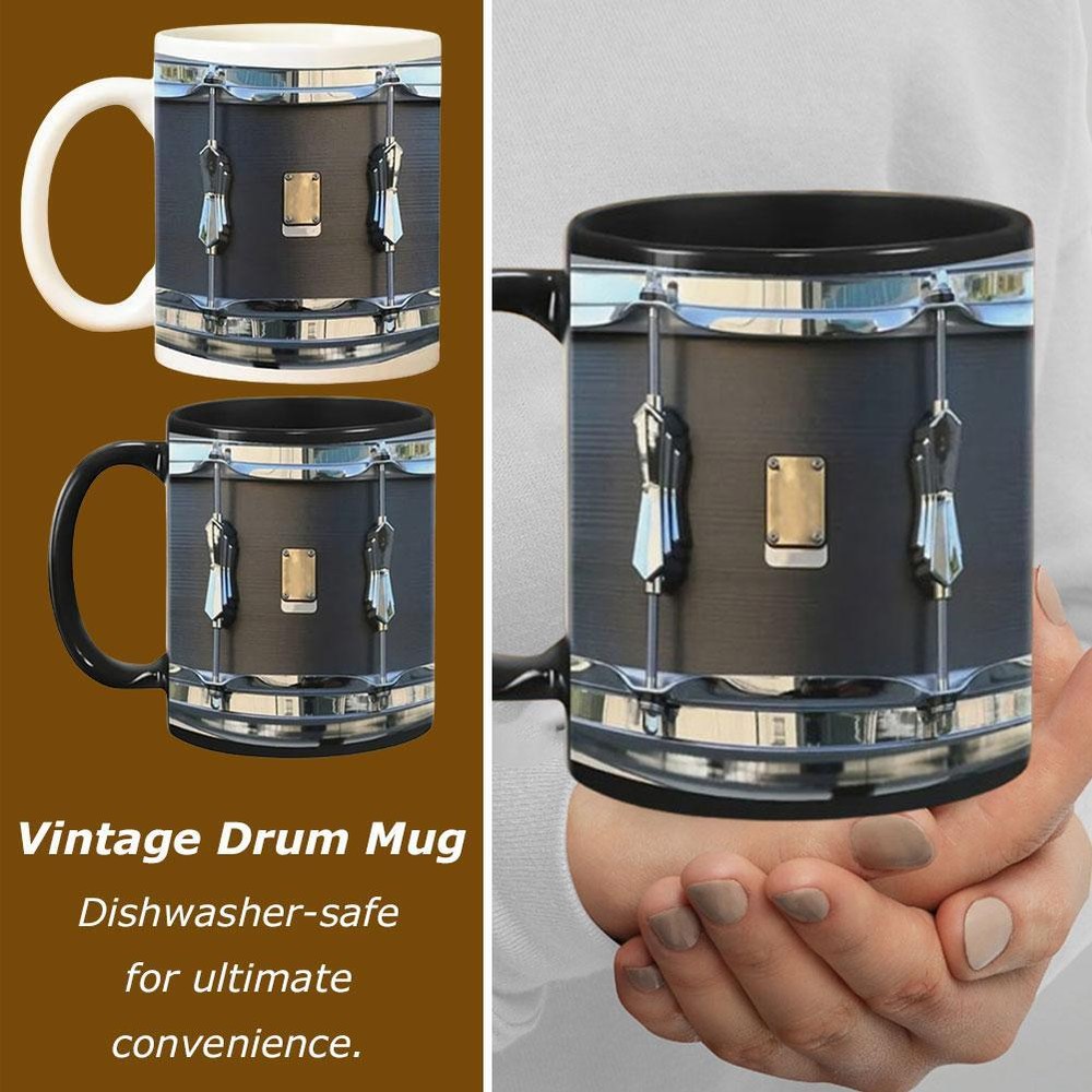 Black Vintage Drum Mug, Funny Drumming Gifts, Gift for Drummer, Drumming Coffee/