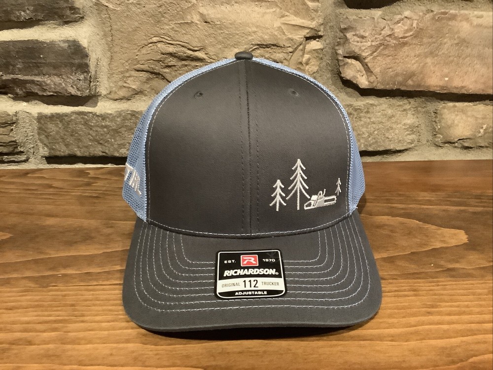Stihl Richardson adjustable gray and blue chainsaw trucker cap