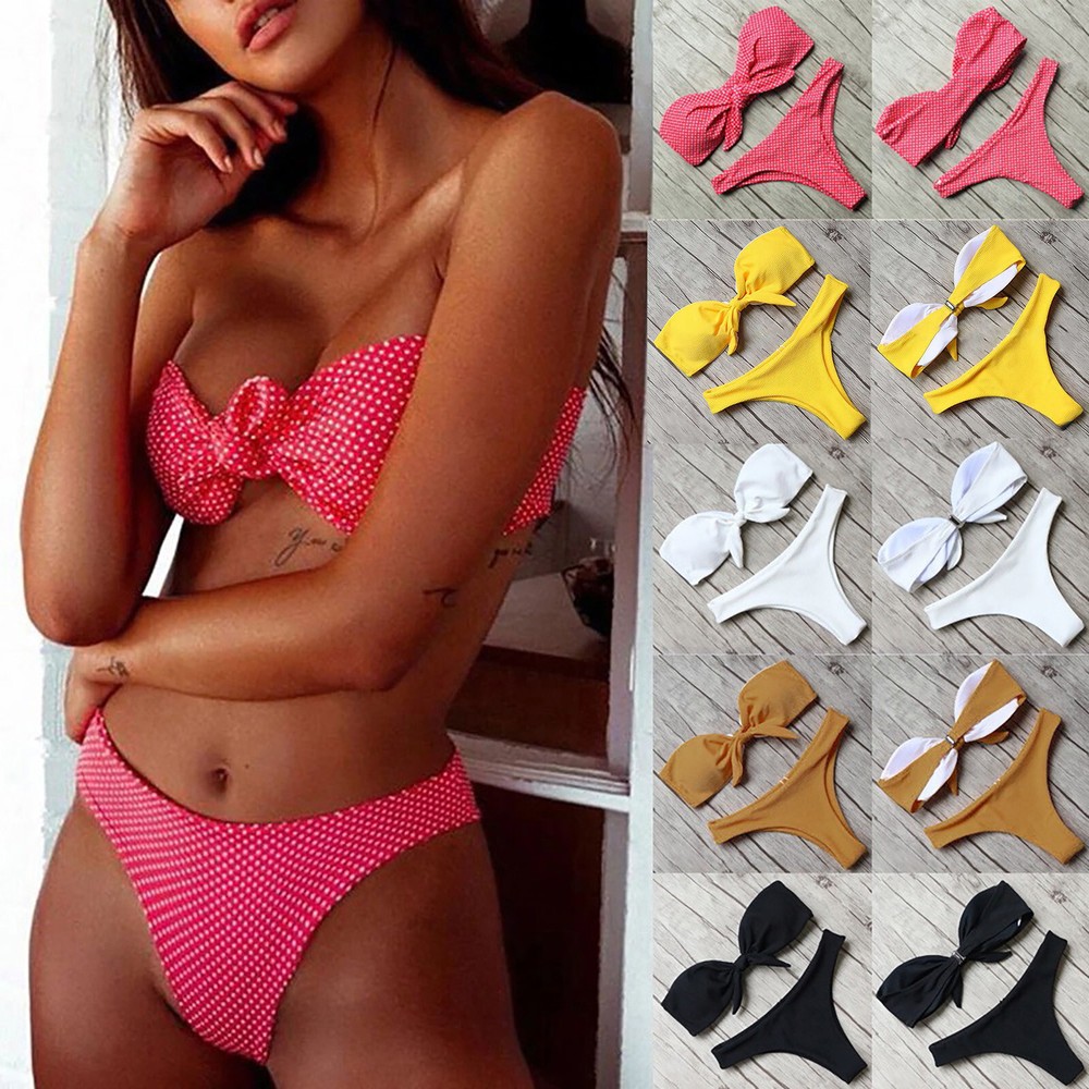 Women's Sexy Solid Bow Tie High Cut Bandeau Bikini Set Two Piece Swimsuit