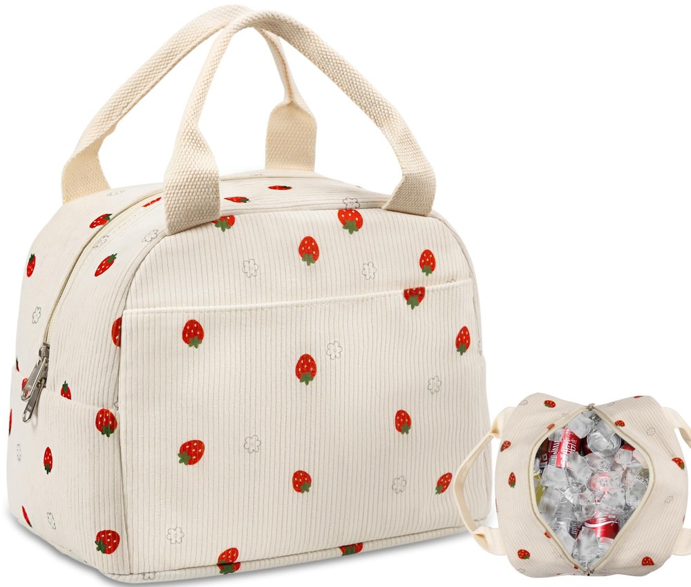 Insulated Corduroy Lunch Tote with Upgraded Strong Handle, Cute & Stylish Design