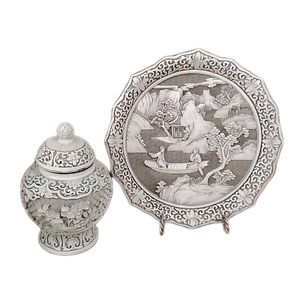 Vintage Arnart Ivory Dynasty Intricately Carved Plate And Lidded Vase Set *2G