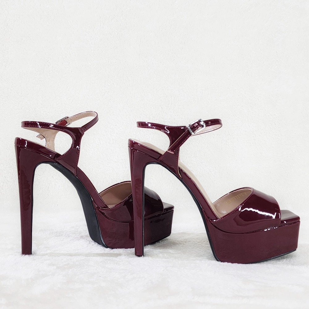 Gwen Glossy Burgundy Red 6 Inch Stiletto Platform Open Toe Heels