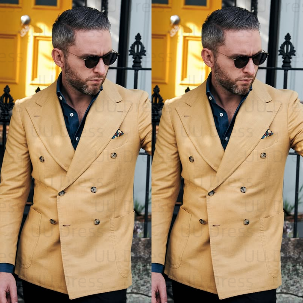 Khaki Men Suits Wide Peak Lapel Tuxedos Antique Button Double Breasted Manswear