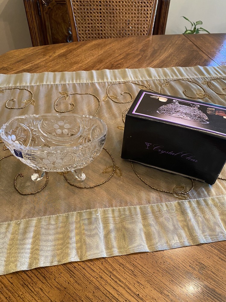 Vintage German Crystal Clear Footed Oval Lead Glass Candy Dish 6