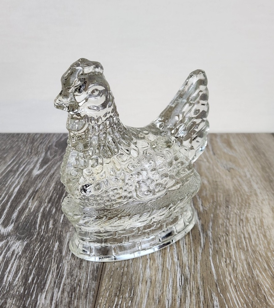 Clear Glass Hen Nest Figurine Farmhouse Chicken Decor Vintage Style Country