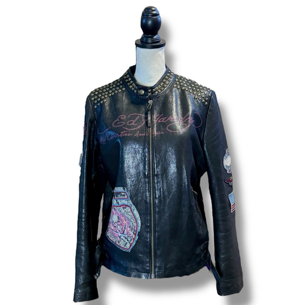 VTG Ed Hardy Black Leather Studded Moto Jacket and Skirt Set Unisex Sizes L W M M