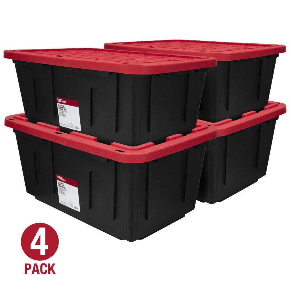 27 Gallon Stackable Snap Lid Plastic Storage Bin Container Black/Red Lid Set 4
