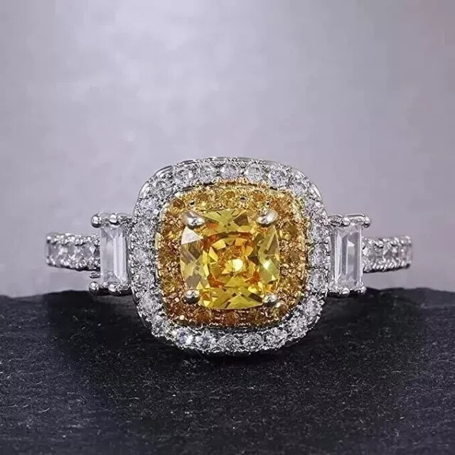 Cushion Cut Yellow Citrine Womens Wedding Ring 14K White Gold Plated  