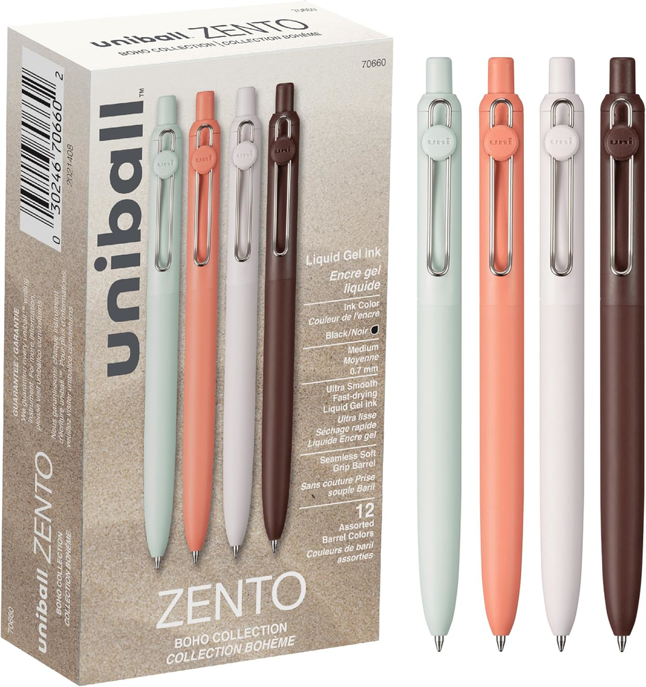 uni-ball Zento Gel Ink Rollerball Pens, 12 Black Medium Point Smooth Writing