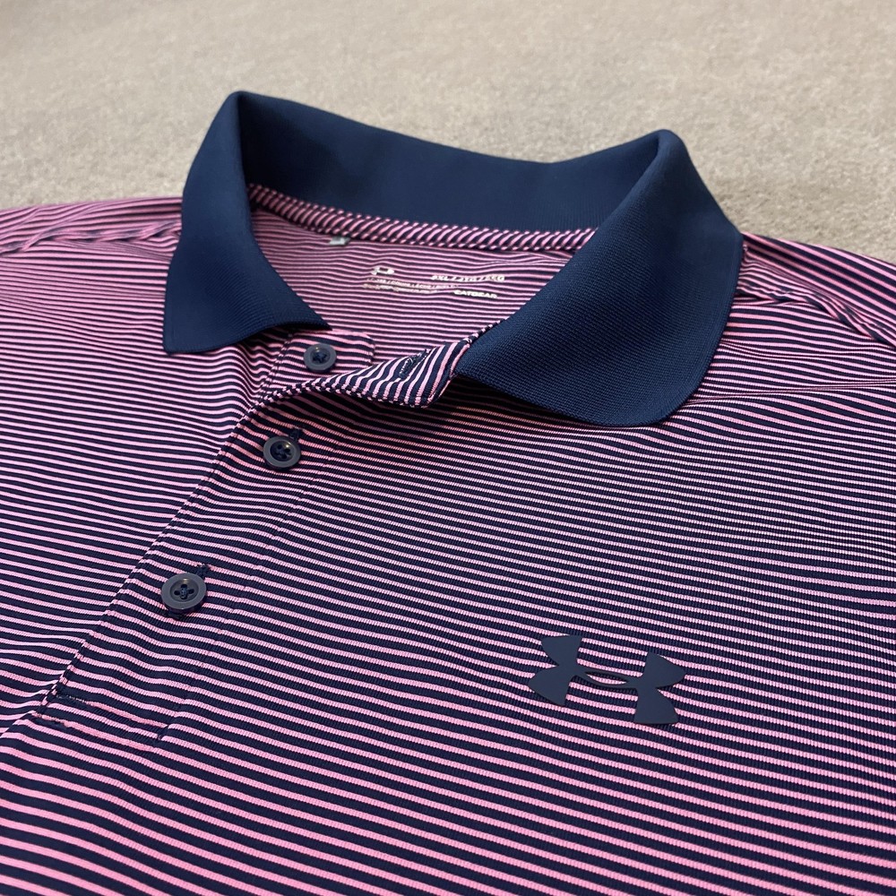 Under Armour Shirt Mens 2XL Purple Navy Striped HeatGear Golf Polo Loose Fit