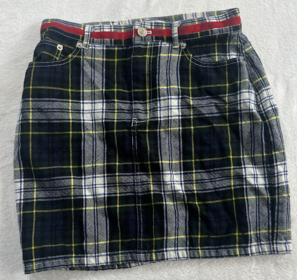 Vintage Tommy Hilfiger Plaid Wool Mini Skirt Women's 6 Navy Green Tartan