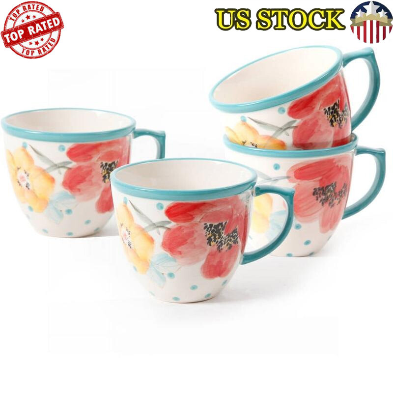 4-Piece 16oz Floral Ceramic Mug Set Microwave & Dishwasher Safe New