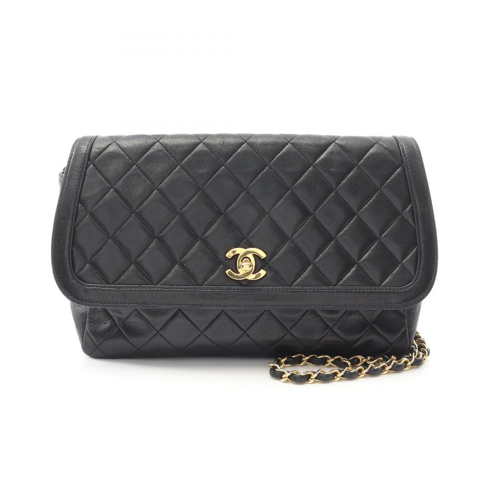 CHANEL Matelasse W Flap Chain Shoulder Bag A01113 Lambskin Black GHW Used Women