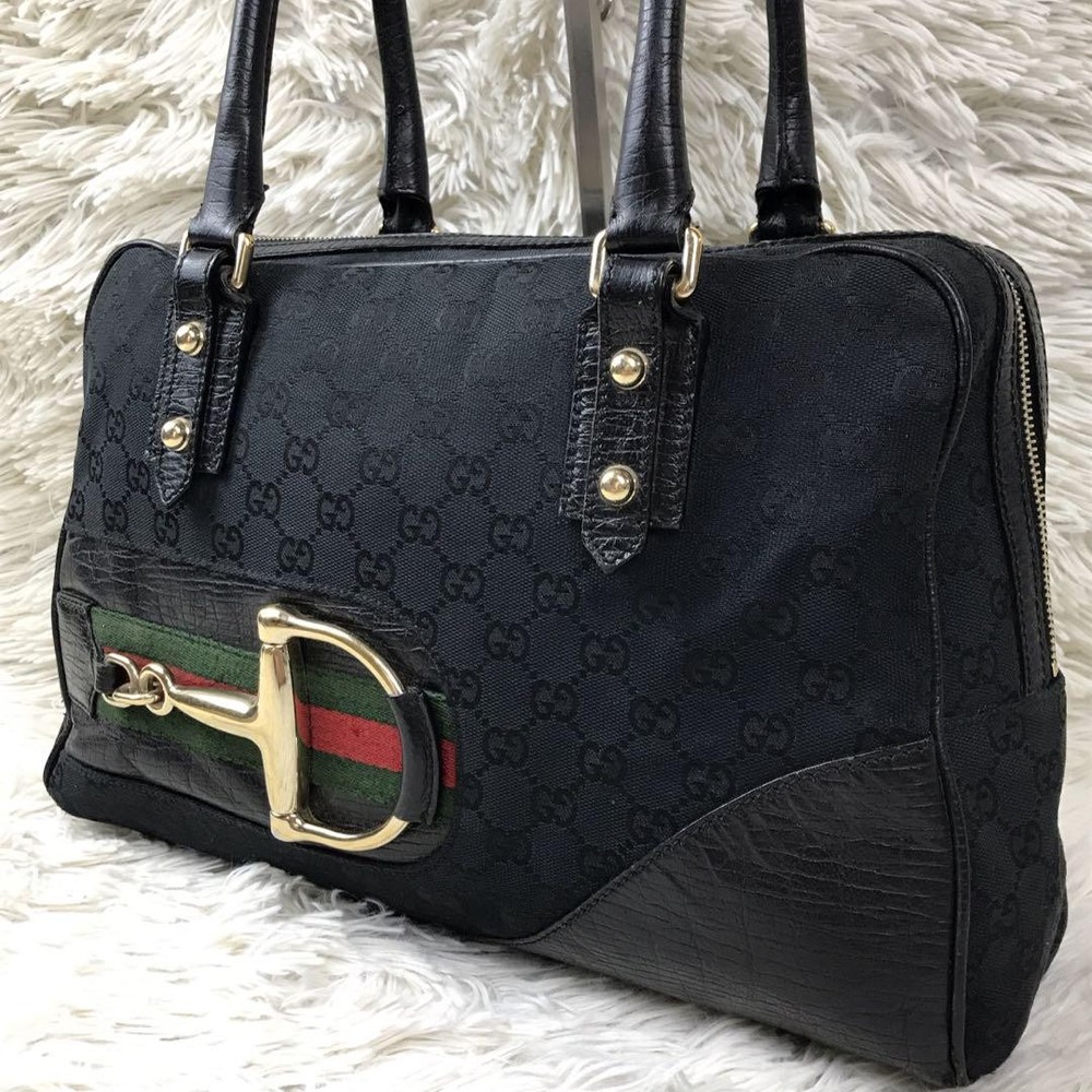 GUCCI Sherry Line Black Canvas Tote Bag Authentic G070141