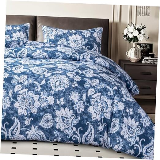 Blue and White Floral Size Comforter Set, 3 Pcs Cotton Queen Antique Blue