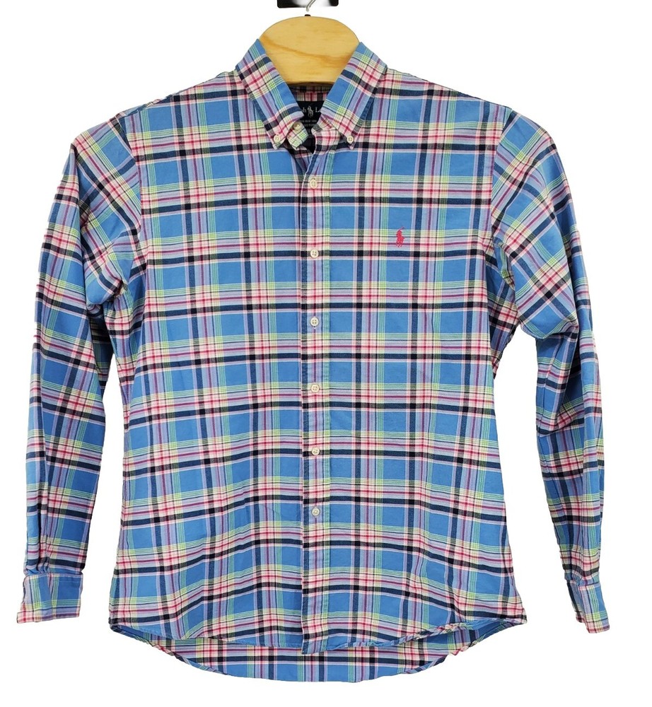 Ralph Lauren Custom Fit Blue Pink Plaid Button Down Shirt Men's Size Large Nice