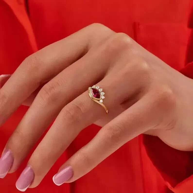 2CT Marquise Lab-Created Red Ruby Wedding Band Ring in 14K Yellow Gold