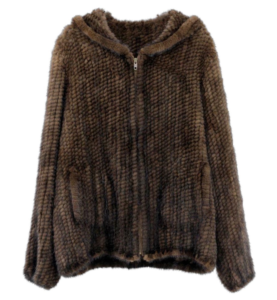 Women's Size L Brown Knitted Mink Fur Bomber Jacket with Hood