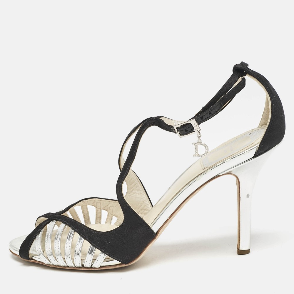 Dior Black Silver Satin Leather Strappy Ankle Strap Sandals Size 37.5