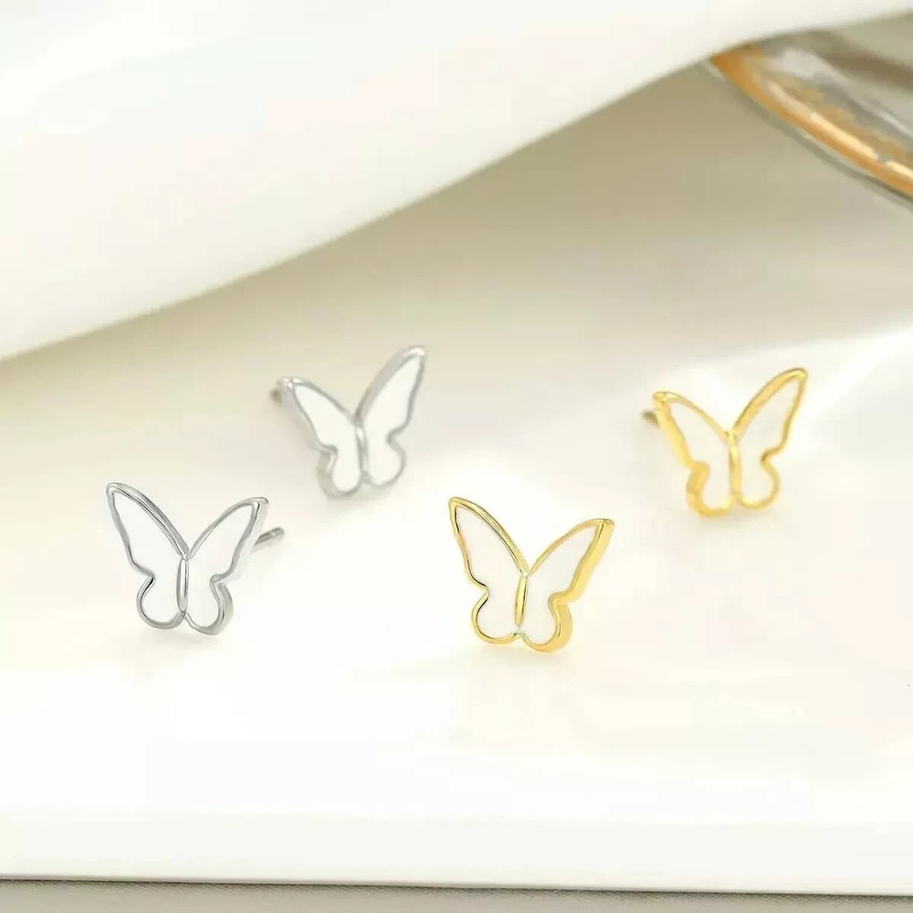 S925 Sterling Silver Two-Tone White Butterfly Stud Earrings for Women