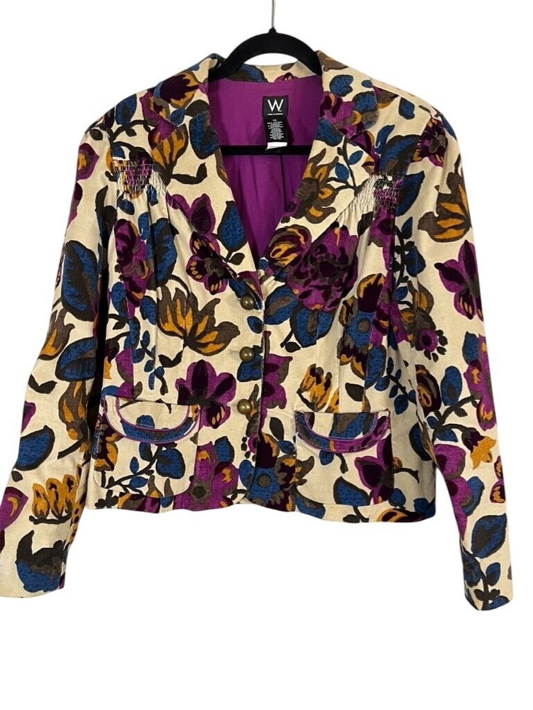Work to Weekend Jacket Women 14 Purple Collar Neck Button Front Floral Retro 80s