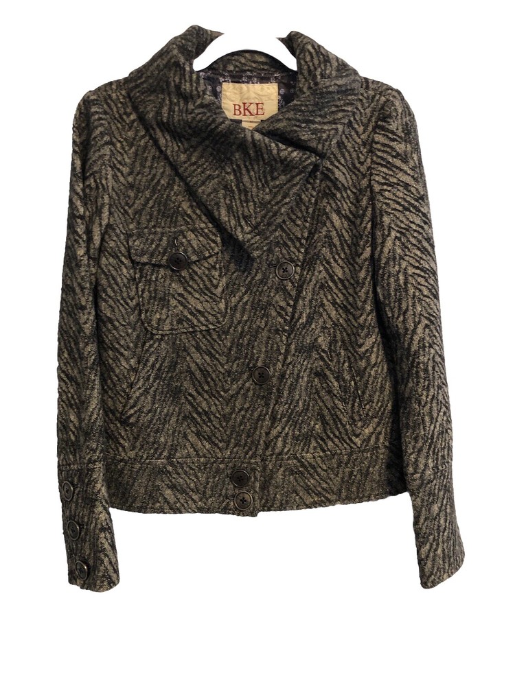 BKE Womens Medium Wool Blend Button Up Animal Print Peacoat with Pockets