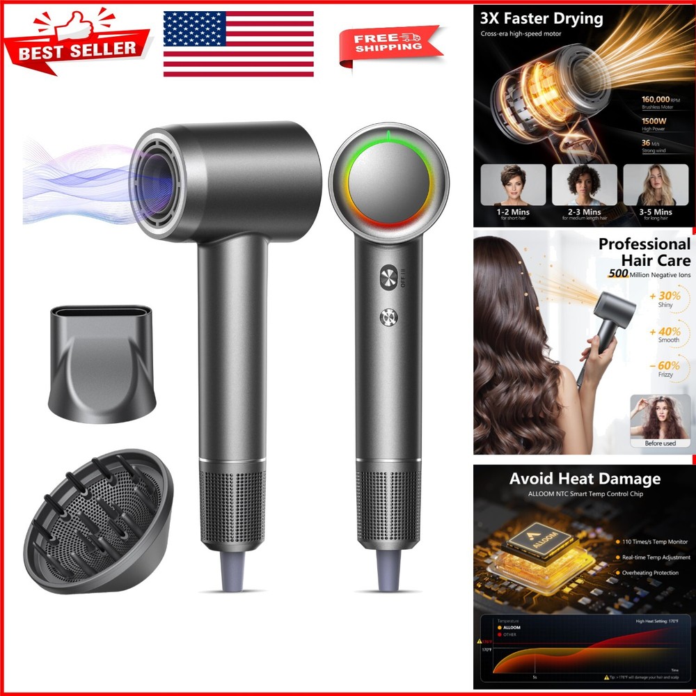 High-Speed 160,000 RPM Ionic Hair Dryer with Smart Temperature Control - Gray