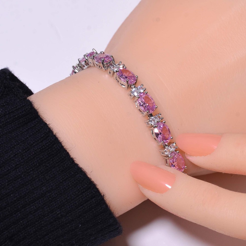 Pink Sapphire & CZ Simulated 925 Sterling Silver Tennis Bracelet 7.99