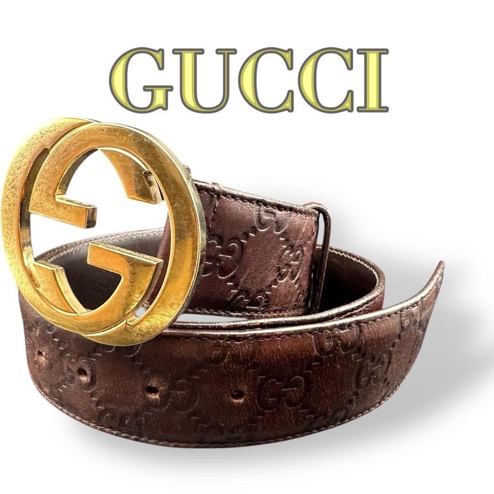 GUCCI Gold Shima Logo Engraved Designer Belt 844 Authentic Luxury From Japan RIN