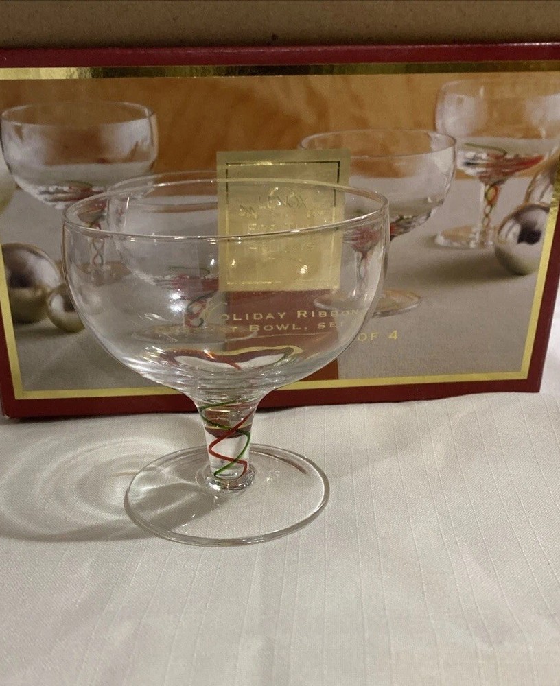 LENOX 'HOLIDAY RIBBONS' FOOTED COMPOTE/ DESSERT GLASSES SET OF 4 EXCELLENT NIB
