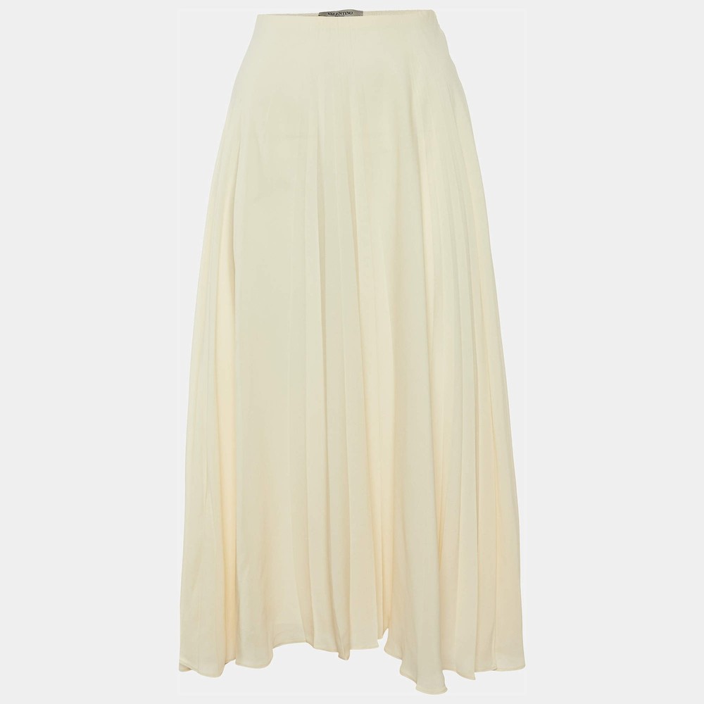 Valentino Cream Silk Pleated Midi Skirt M