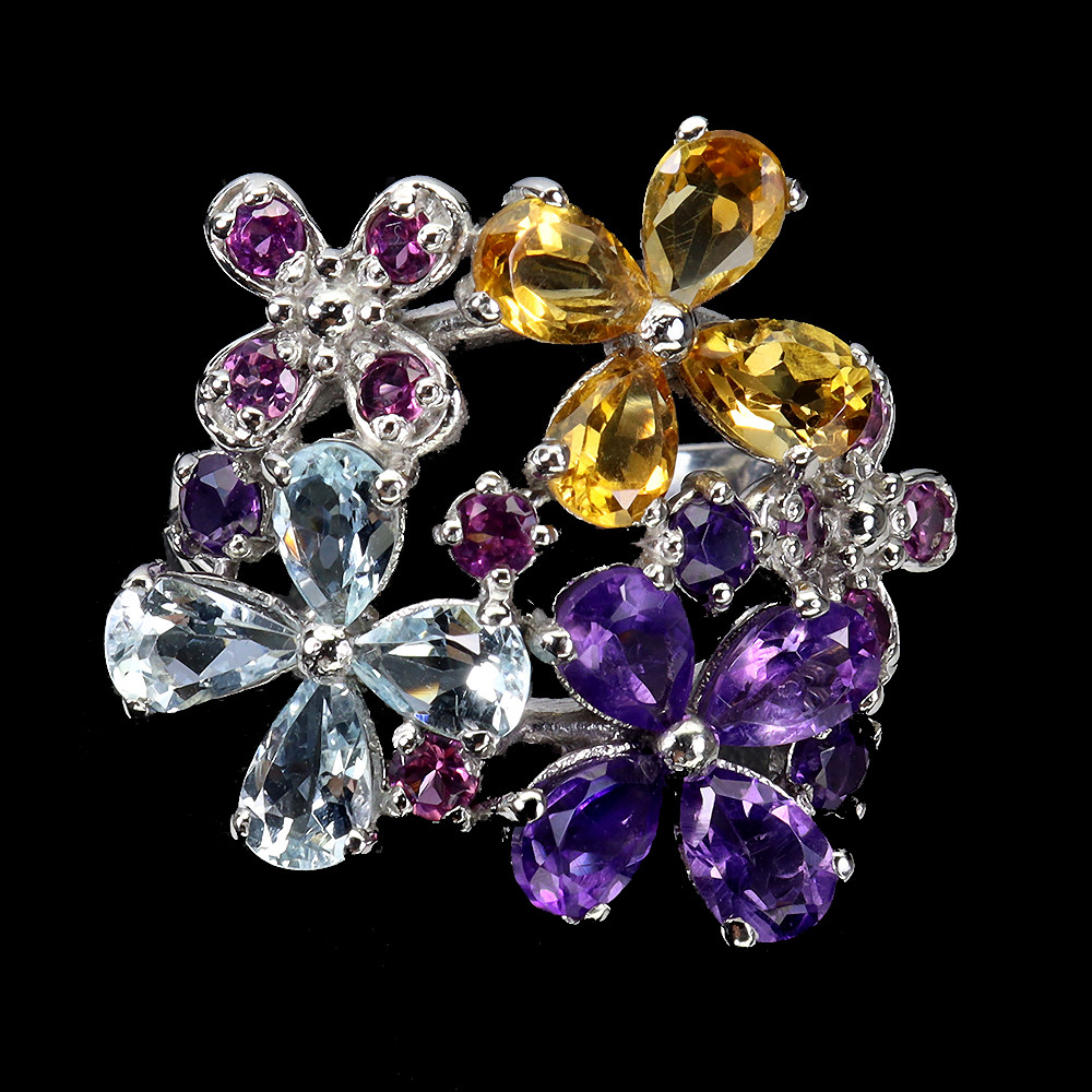 925 Sterling Silver Ring with Pear Citrine Amethyst Aquamarine Gemstones