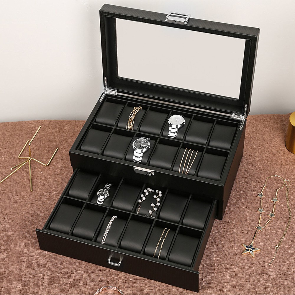 24 Slots Mens Watch Box Case Organizer Watches Jewelry Storage With Valet Drawer
