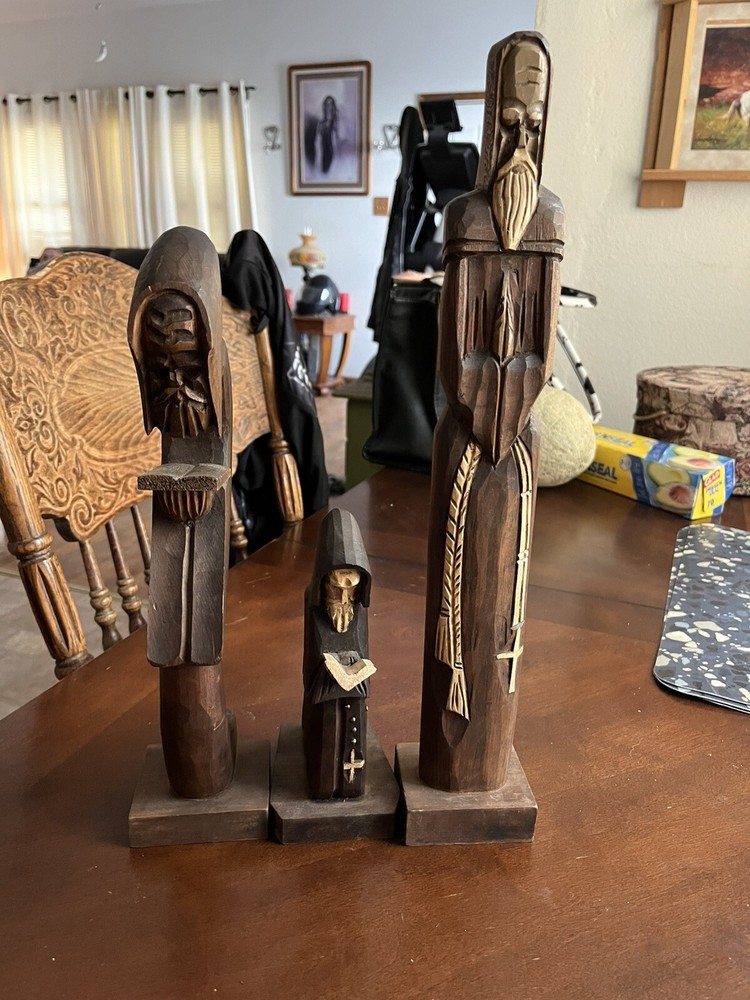 3 Handcrafted Vintage Wooden Monk Figurines for Collectors