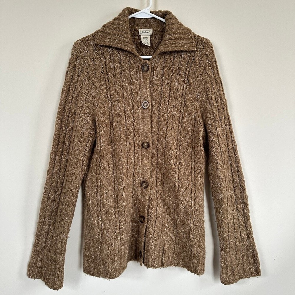 L.L.Bean Wool Blend Cable Knit Cardigan Sweater Size Small Button Front Long Sleeve