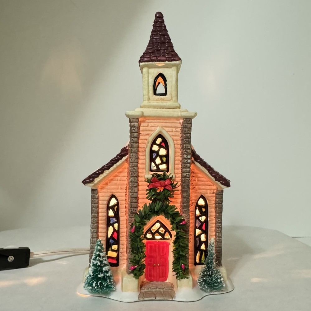 Vintage 1994 Porcelain Christmas Valley Church Lighted Decor by Seasonal Specialties Co-image