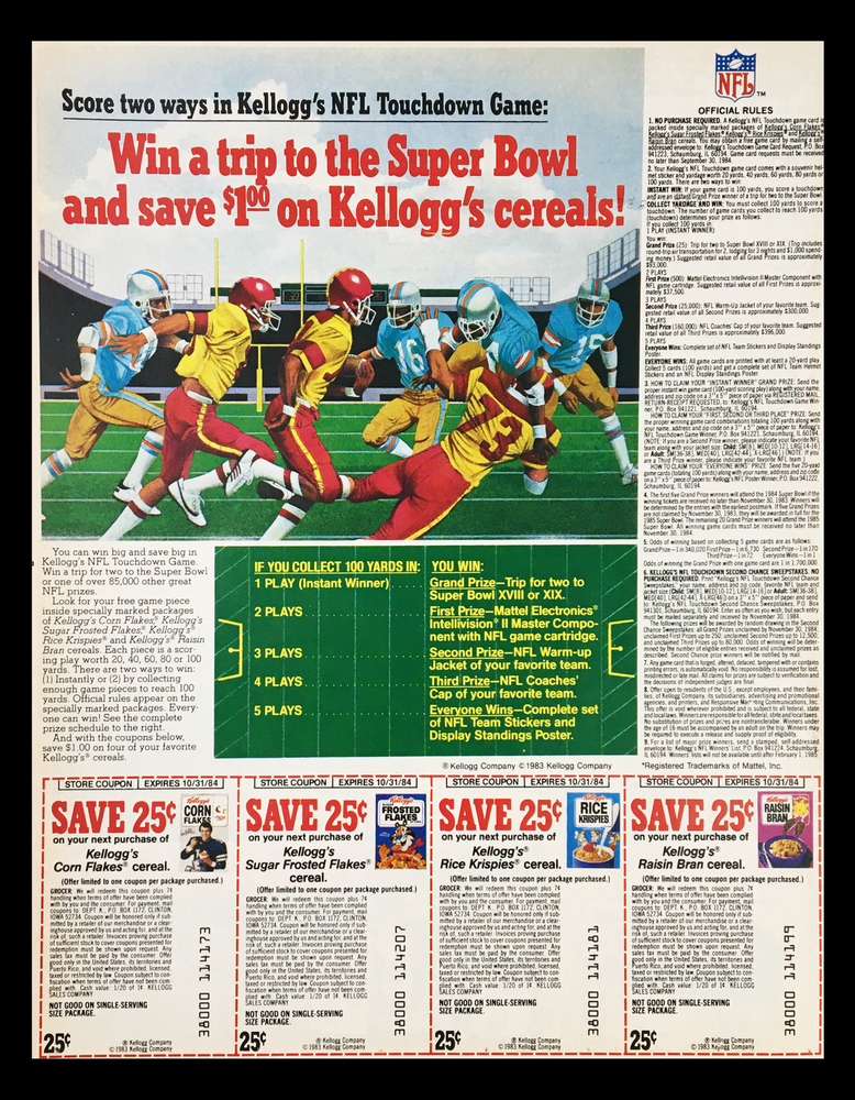 1983 Kellogg's Cereal NFL Super Bowl Trip Circular Coupon Advertisement-image