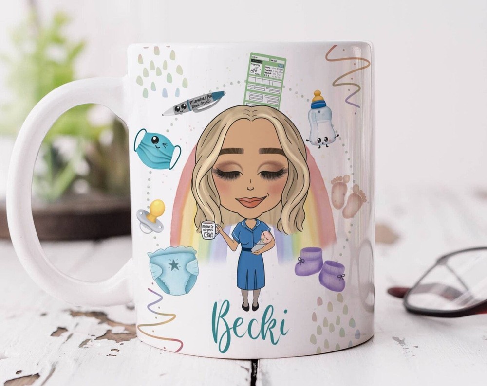 Personalised Midwife Caricature Mug Gift for Newly Qualified Midwife