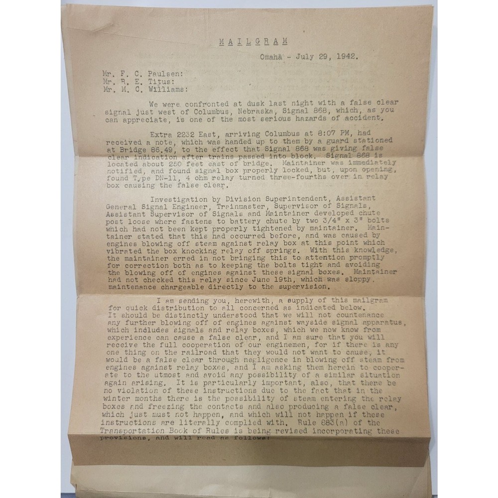 Mailgram Telegram July 1942 False Clear Signal Maintenance Railroad Trains