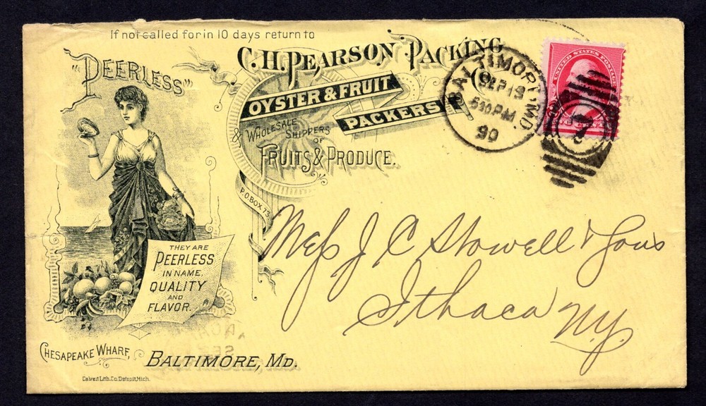 US 1890 ADVERTISING COVER OYSTER & FRUIT PEARSON PACKING BALTIMORE, MD.