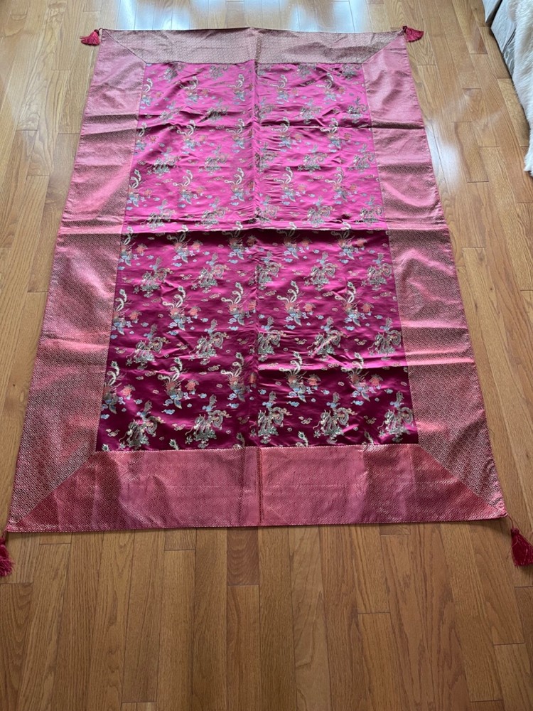 Chinese Silk Brocade Embroidery Tablecloth With Tassels  Dragon Phoenix