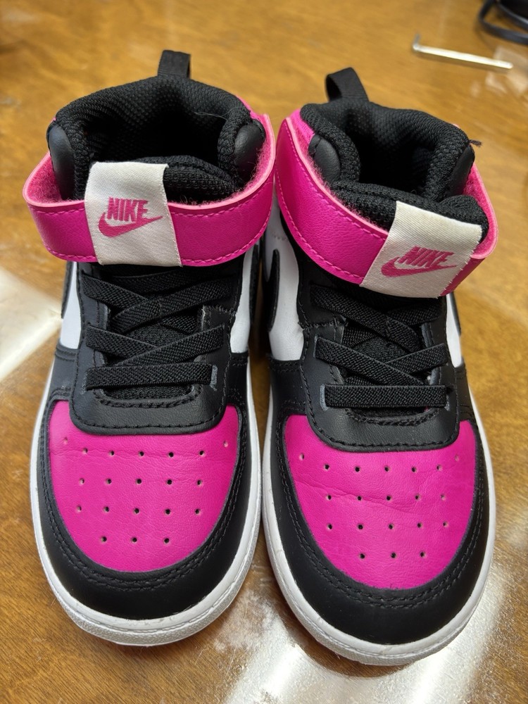 Nike Court Borough Mid TD Kids Size 9C Black Pink White Hook and Loop Sneakers